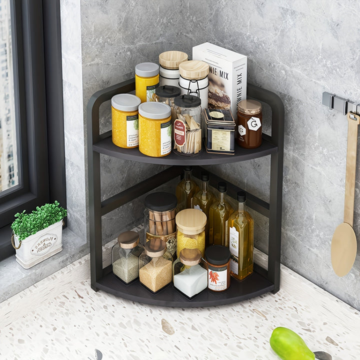 Organizador de Especias de Cocina de 2 Niveles en Acero Inoxidable y Madera Sólida - Estantería Abierta Independiente para Encimera, Rincón o Despensa - Diseño Clásico, Sin Montaje Necesario, Unidad de Almacenamiento para Cocina, Estante de Esquina, Cons