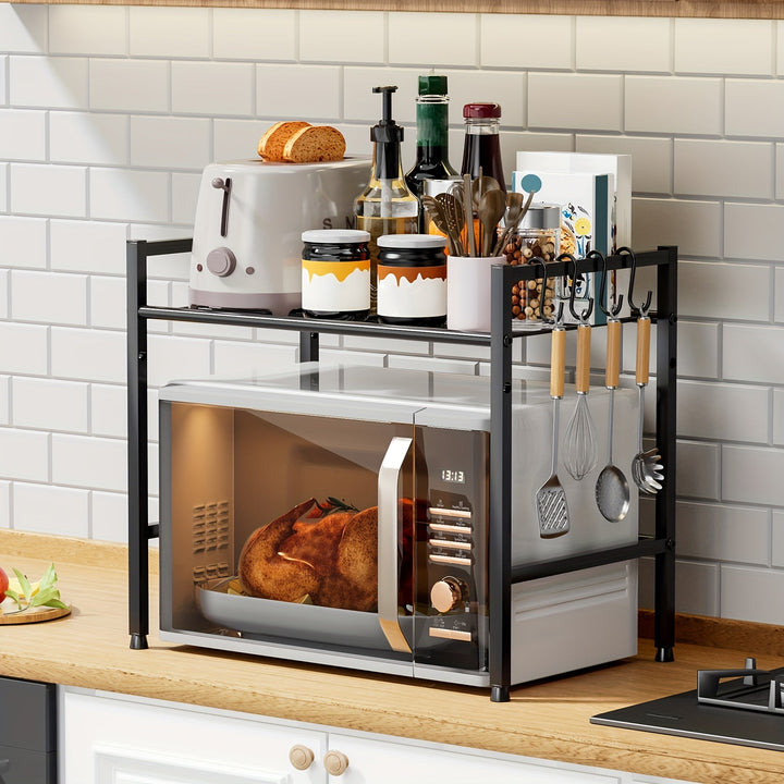 Estante para Microondas de 2 Niveles con Ganchos - Solución de Almacenamiento Versátil para Cocina y Baño, Construcción Duradera de Plástico/Metal, Estantes de Utilidad