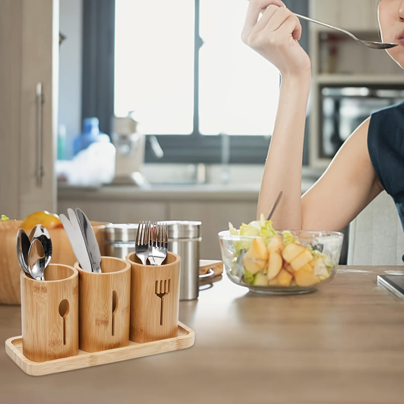 Juego de 4 piezas, caja de almacenamiento de cubiertos de bambú, soporte de utensilios de cocina de granja rústica, soporte de cuchillos y tenedores, suministros de almacenamiento ideales para cocina y restaurante.