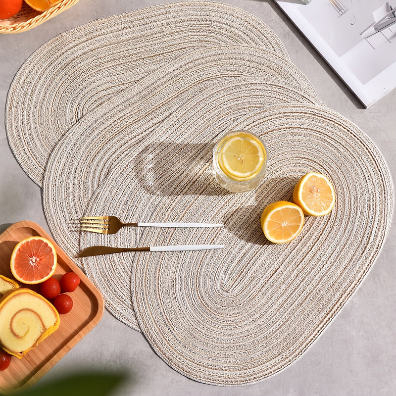 4/6pcs Placemats de hilo oval, manteles de mesa lavables, poliéster 100.00, decoración de comedor tejida a mano, almohadillas de mesa de 100% poliéster