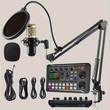 Set profesional de mezcladora de audio F998, estudio de podcast integrado, incluye micrófono condensador de alta calidad con soporte, alimentación dual USB/batería, compatible con PC, laptop y smartphone para grabación de juegos, transmisión en vivo y ex