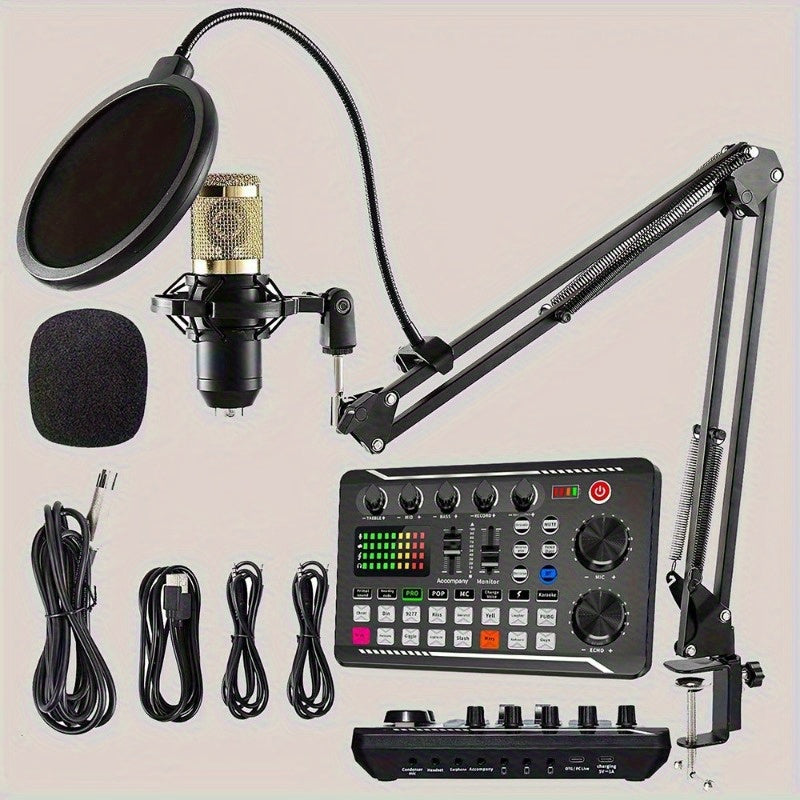 Set profesional de mezcladora de audio F998, estudio de podcast integrado, incluye micrófono condensador de alta calidad con soporte, alimentación dual USB/batería, compatible con PC, laptop y smartphone para grabación de juegos, transmisión en vivo y ex
