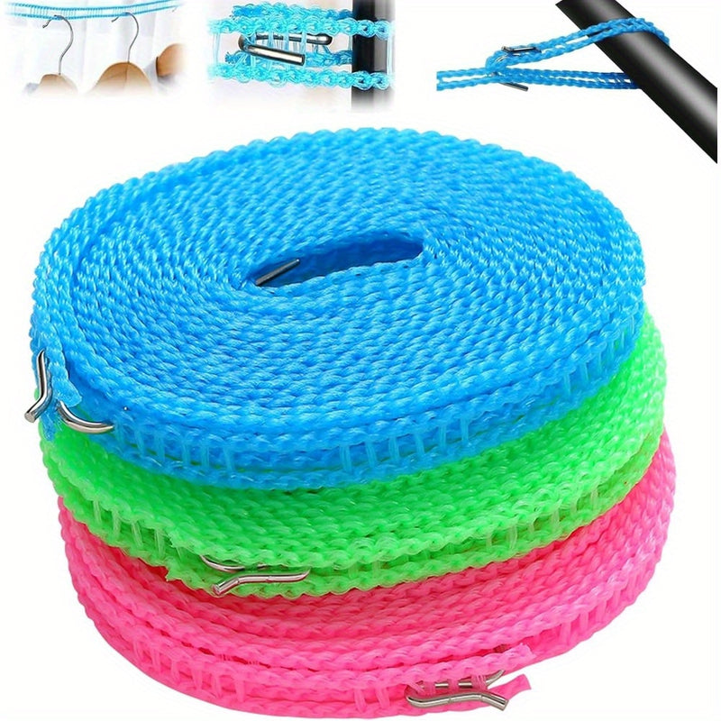 3 piezas de línea de ropa de plástico duradera - Resistente al viento y antideslizante, azul, verde y rosa, 196,85 pulgadas de largo con ganchos de acero inoxidable - Línea de ropa portátil para viajes, camping, hogar y uso hotelero, Línea de ropa para v