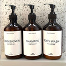 3pcs Botellas dispensadoras recargables de champú, acondicionador y gel de baño con bomba, contenedor dispensador de loción para baño con etiquetas impermeables de 500 ml / 16.9 oz, decoración del hogar, muebles para el hogar