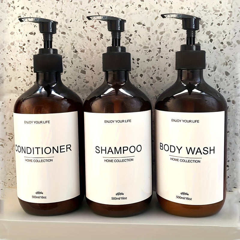 3pcs Botellas dispensadoras recargables de champú, acondicionador y gel de baño con bomba, contenedor dispensador de loción para baño con etiquetas impermeables de 500 ml / 16.9 oz, decoración del hogar, muebles para el hogar