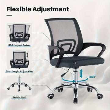 Una silla de oficina práctica, duradera y ergonómicamente diseñada con altura ajustable, respaldo de malla transpirable, soporte lumbar, estructura metálica resistente, ideal para hogares y compatibles con pisos duros