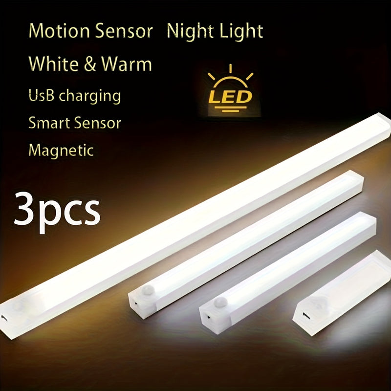 3 luces LED para gabinetes recargables con sensor de movimiento, batería de iones de litio, USB recargable, luces adhesivas con botón de encendido, para pasillo, cocina, escaleras, pared, luces de color sólido, luces nocturnas para el hogar