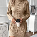 Vestido de Punto de Cable Elegante para Mujer - Cuello Alto Chic, Manga Larga, Vestido de Poliéster Negro Sólido con Diseño de Cuerda Texturizada, Perfecto para Otoño e Invierno