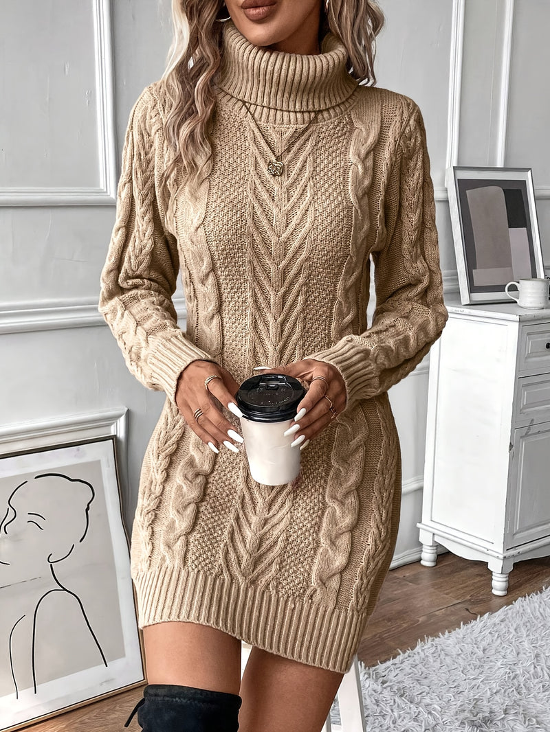 Vestido de Punto de Cable Elegante para Mujer - Cuello Alto Chic, Manga Larga, Vestido de Poliéster Negro Sólido con Diseño de Cuerda Texturizada, Perfecto para Otoño e Invierno