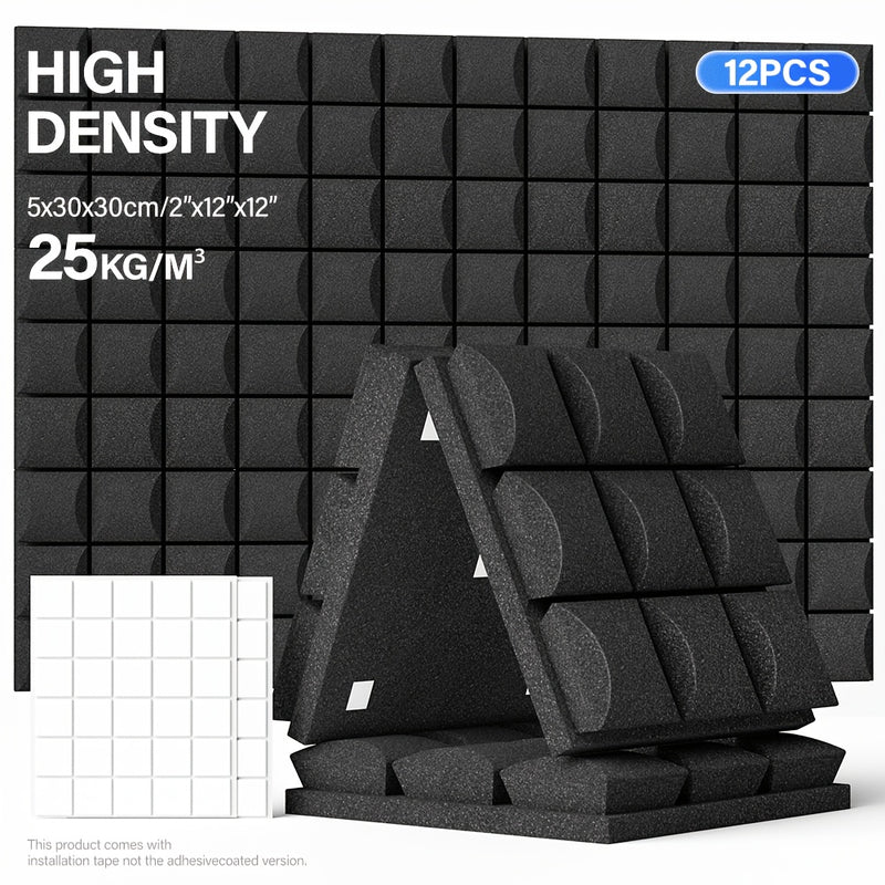 12 paneles de espuma acústica de alta densidad, 30.48x30.48x5.08 cm - Paneles ignífugos para reducción de ruido, ideal para salas de juegos, cines en casa y oficinas, instalación rápida con cinta doble cara (gris/negro/blanco/azul), paneles acústicos par