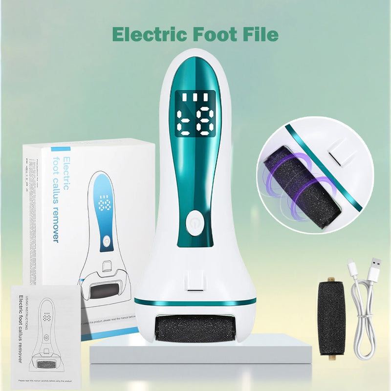 Exfoliador eléctrico de pies recargable por USB con cabezas de lijado reemplazables - Alimentado por USB, pantalla LCD, mango ergonómico para eliminar la luz muerta y pulir, uso cómodo, blanco, exfoliación de pies, herramienta de belleza, diseño elegante