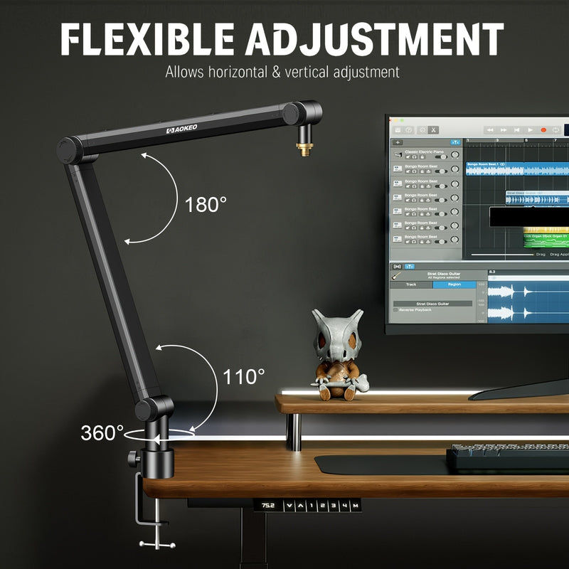 Ajustable Microfono Scissor Arm con Canal de Cable - Boom de Suspensión Compacto para Blue Yeti, Snowball iCE, HyperX QuadCast, SoloCast, Elgato Wave - Aleación Duradera, Conexión XLR, Equipo de Grabación de Estudio | Acabado Negro Liso | Ajustable Boom