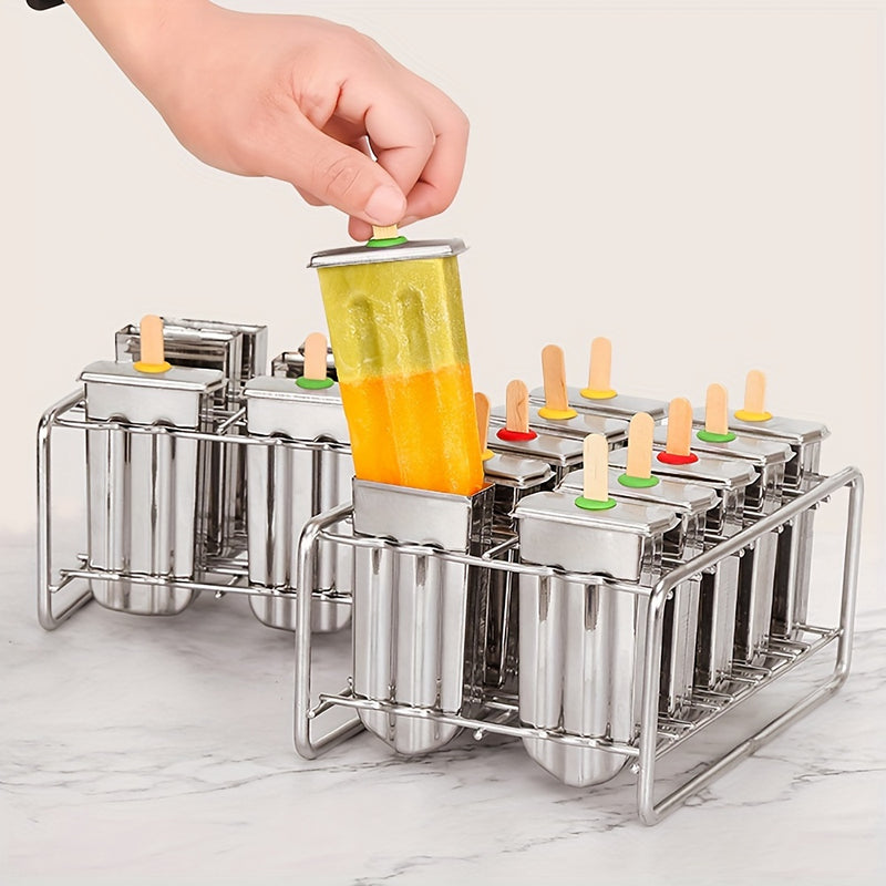 Juego de 6/10 moldes para paletas de hielo de acero inoxidable 304 con tapa y base de soporte para paletas de hielo de acero inoxidable y molde de paleta de hielo de metal DIY para hacer paletas de frutas creativas, herramientas de cocina
