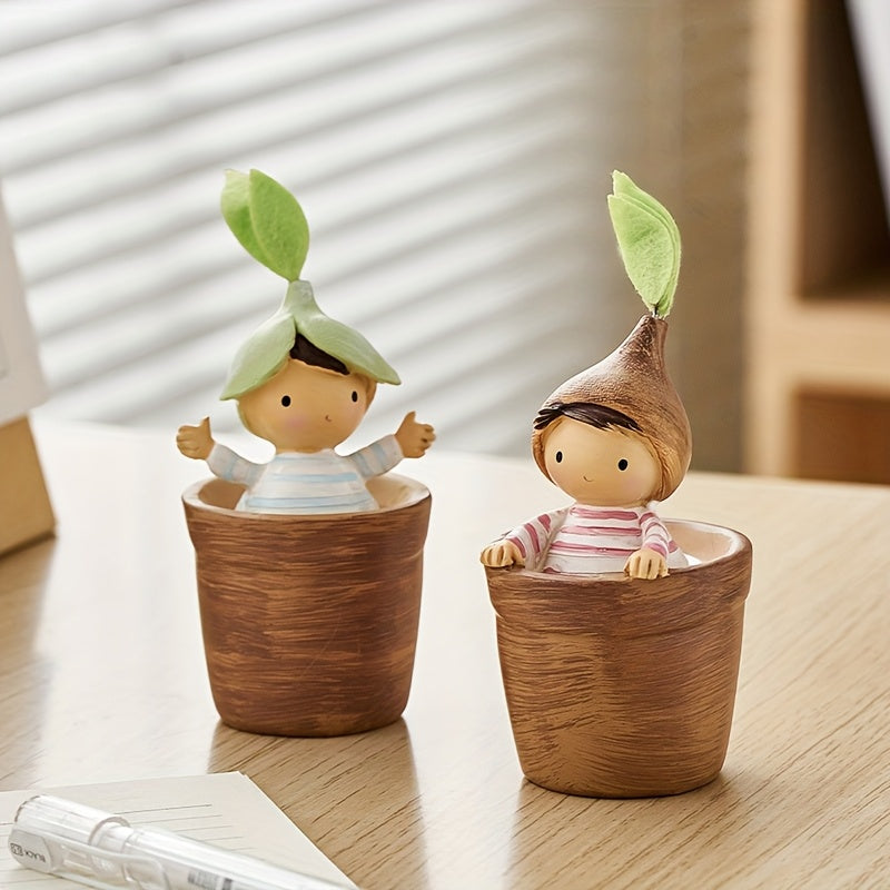 4 piezas de dibujos animados lindos de resina sentados en macetas de flores - Serie de bosque rústico, figuras decorativas para sala de estar, dormitorio, escritorio de oficina - Regalos pequeños ideales
