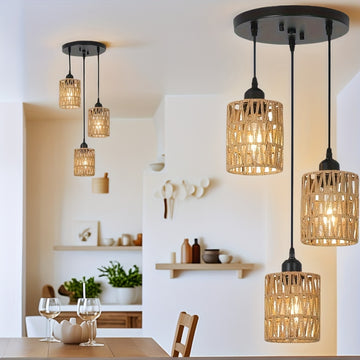 Candelabro de 3 luces estilo bohemio - Sombrilla de ratán tejida a mano, base E27, perfecto para comedor de granja, isla de cocina, sala de estar y decoración de dormitorio (luz no incluida) - Montaje semienterrado, montaje regular