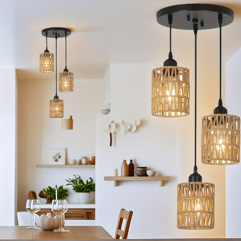 Candelabro de 3 luces estilo bohemio - Sombrilla de ratán tejida a mano, base E27, perfecto para comedor de granja, isla de cocina, sala de estar y decoración de dormitorio (luz no incluida) - Montaje semienterrado, montaje regular