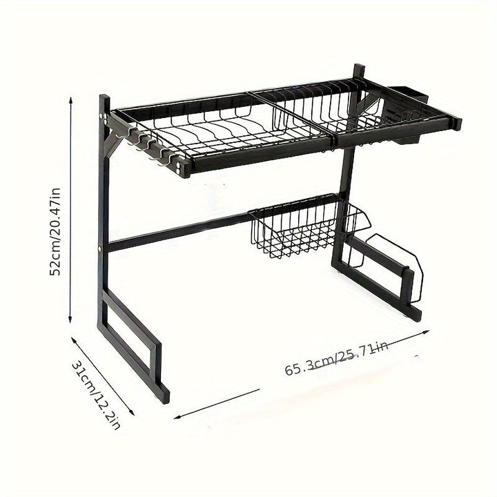 1 pieza de soporte de platos de fregadero de acero inoxidable - Soporte de almacenamiento de cocina de doble capa con soporte de utensilios desmontable y plato de drenaje, organizador de encimera que ahorra espacio, adecuado para uso doméstico y restaura
