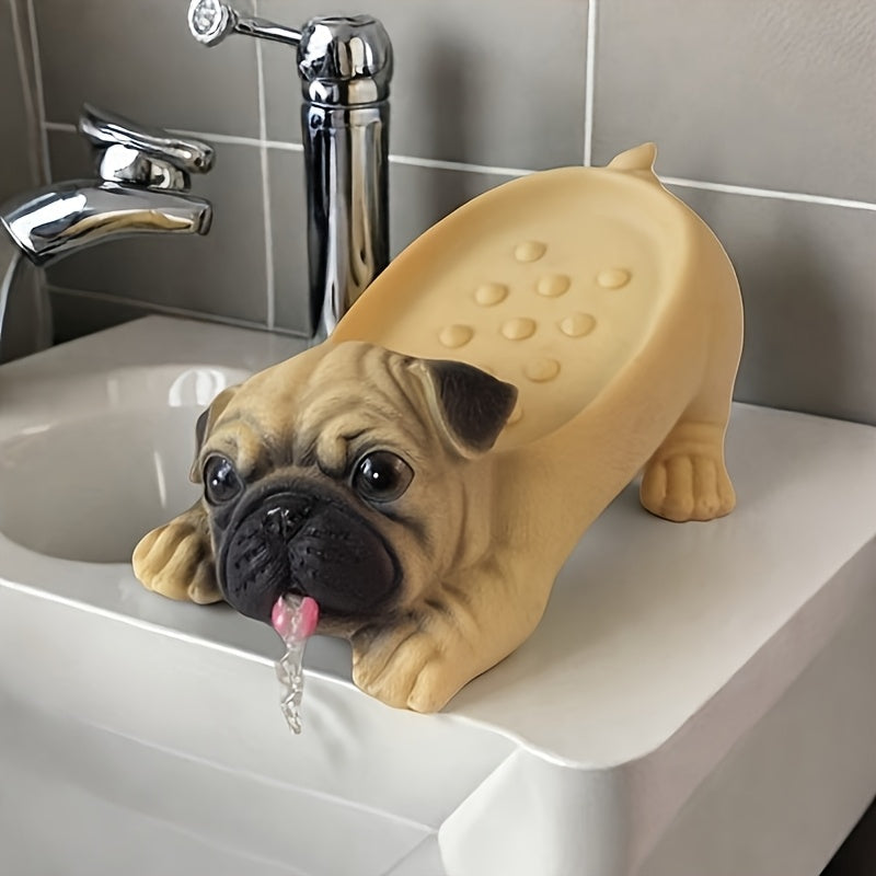 Jofaina de jabón en forma de perro pug encantador - Resina, ideal para baño, cocina y decoración de sala de estar, perfecta para sostener jabón líquido y detergentes, accesorio de baño | Diseño juguetón | Portajabón duradero, accesorios de perro pug