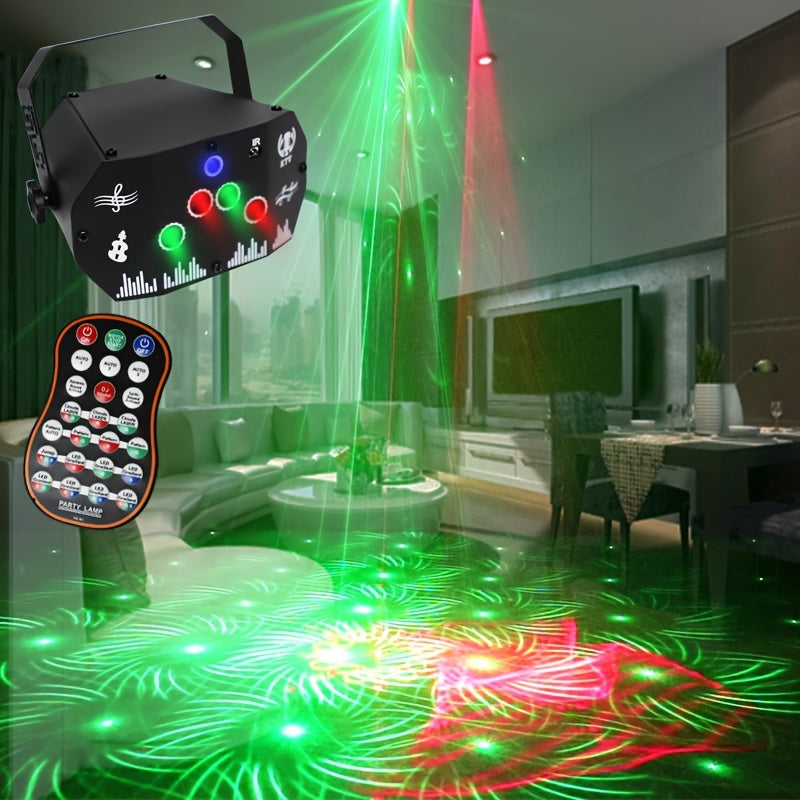 Proyector de luz de escenario mini de hierro negro con patrones dinámicos rojos y verdes, alimentado por USB con sensor de infrarrojos, batería de botón no recargable, ideal para KTV, DJ, decoración de fiestas, compatible con Halloween, Acción de Gracias