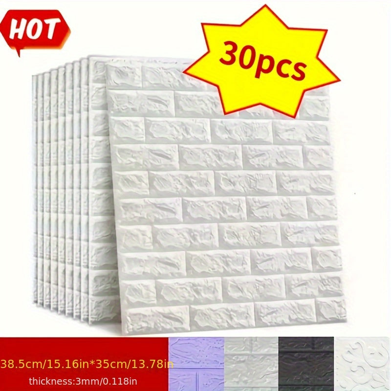 30 piezas de baldosas de espuma 3D tipo ladrillo DIY, autoadhesivas y fáciles de cortar, superficie texturizada para cocina, sala, baño o pasillo - 35 cm x 38 cm, blanco con detalles en gris y morado, diseño grueso y duradero
