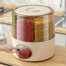 Balde de Arroz (Capacidad 4.54-6.8 KG), Dispensador de Almacenamiento de Granos, Caja para Granos Secos Giratoria 360°, 6 Compartimentos de Fácil Acceso para Granos Pequeños y Legumbres en la Cocina, ¡Caja de Almacenamiento de Arroz con Salida a Un Toque!