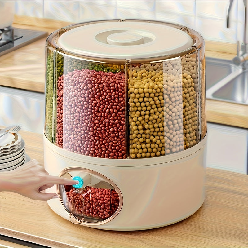 Balde de Arroz (Capacidad 4.54-6.8 KG), Dispensador de Almacenamiento de Granos, Caja para Granos Secos Giratoria 360°, 6 Compartimentos de Fácil Acceso para Granos Pequeños y Legumbres en la Cocina, ¡Caja de Almacenamiento de Arroz con Salida a Un Toque!