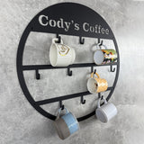 Estante de tazas de café personalizadas "Cody'S Coffee" - Organizador de pared con 6 ganchos, construcción de hierro, perfecto para decoración de cocina y comedor, accesorio para bar de café.