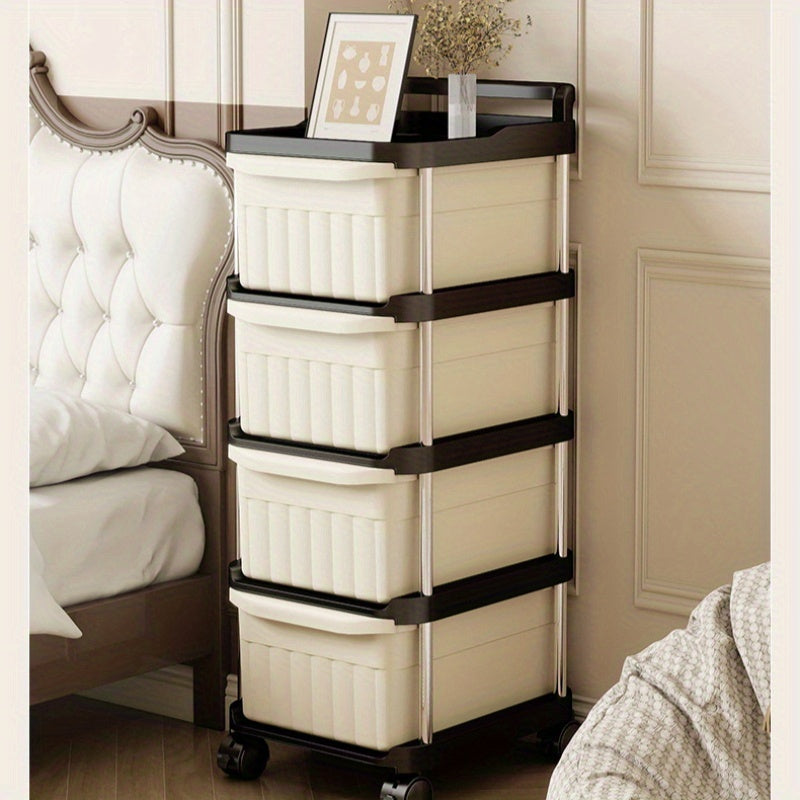 Carrito rodante delgado de 4 niveles con cajones - Organizador móvil de uso múltiple de color crema con ruedas de 360° para cocina, baño, dormitorio | Carrito estrecho de capas múltiples para snacks, maquillaje, hogar, organizador de baño | Unidad de est