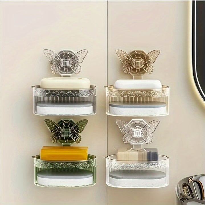 Conjunto de 2 hermosas mariposas jaboneras, caja de drenaje de doble capa con esponja, sin perforaciones ni marcas para montaje en pared, adecuado para baño y cocina, regalo de San Valentín, estantes