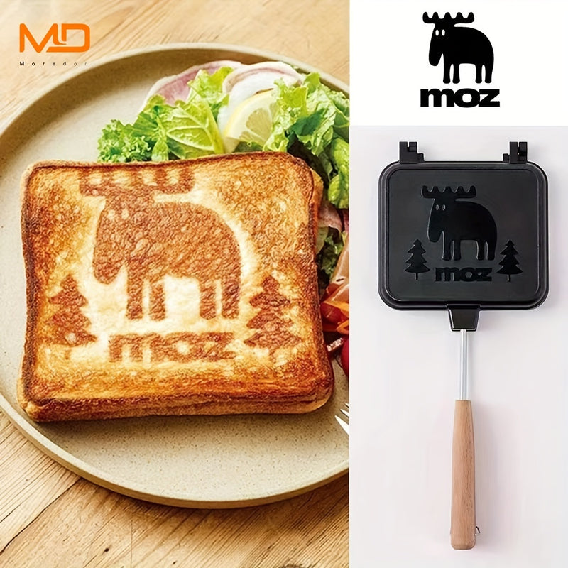 MOREDOR 1 pieza Sartén de Doble Cara con Relieve de Alce Antiadherente y Mango de Madera Extraíble, Fabricante de Sándwiches de Aluminio para Desayuno, Sándwiches, Cocina Casera - Fácil Limpieza y Distribución Uniforme del Calor