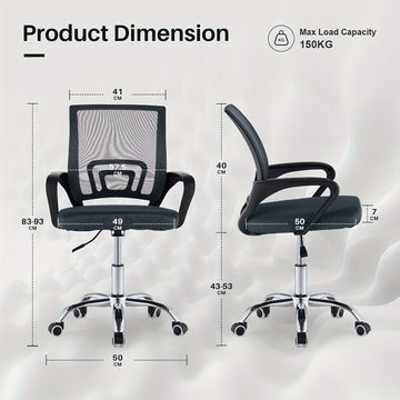 Una silla de oficina práctica, duradera y ergonómicamente diseñada con altura ajustable, respaldo de malla transpirable, soporte lumbar, estructura metálica resistente, ideal para hogares y compatibles con pisos duros