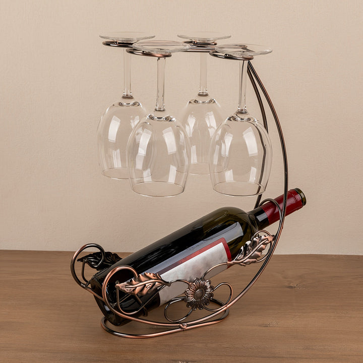 Soporte de vino de metal al estilo europeo vintage y portavasos – Diseño de hábitat verde elegante, perfecto para armarios de vino, restaurantes, bares y decoración de fiestas. Sostiene 1 botella de vino y 4 vasos – Ideal regalo de vacaciones
