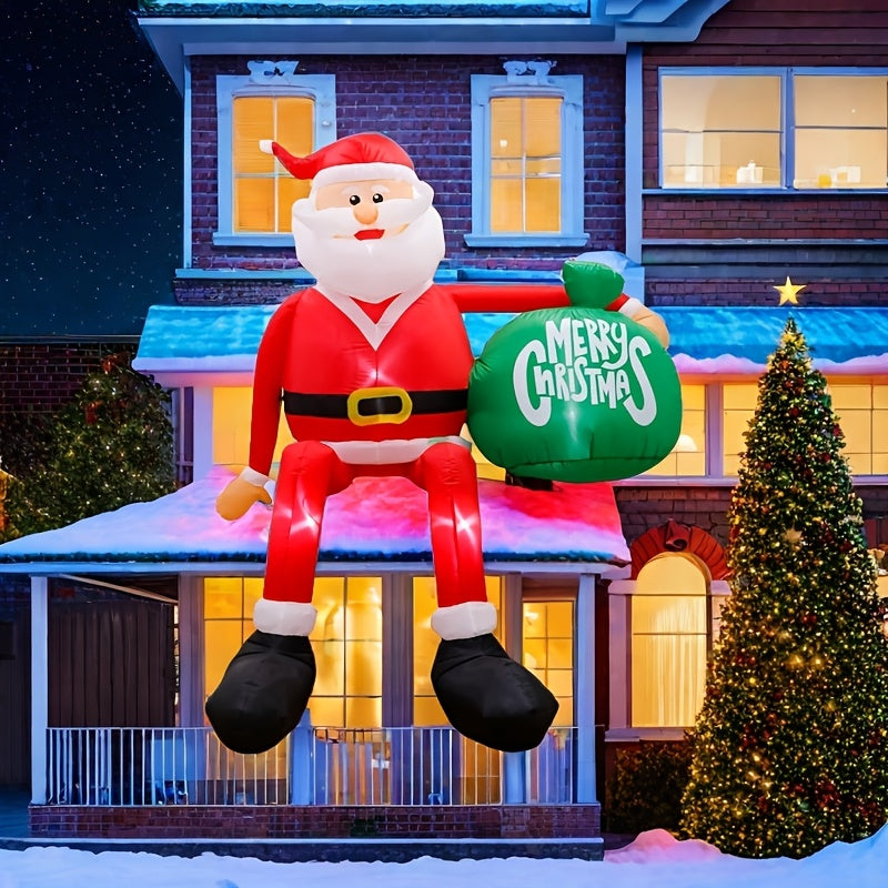 Papá Noel inflable en el techo con bolsa verde decoración de jardín, tema de vacaciones de Navidad, material de poliuretano, con luces LED, para montaje en techo, alimentado por enchufe de 120V EE. UU.