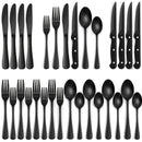 Juego de vajilla de acero inoxidable negro de 24/48 piezas, que incluye cuchillos para bistec, tenedores, cucharas, tenedores y cucharas para postres, adecuado para cocina doméstica/restaurante/hotel/exteriores/fiesta/Día de Halloween/Día del Padre, apto