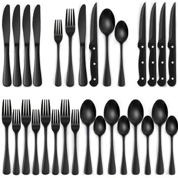 Juego de vajilla de acero inoxidable negro de 24/48 piezas, que incluye cuchillos para bistec, tenedores, cucharas, tenedores y cucharas para postres, adecuado para cocina doméstica/restaurante/hotel/exteriores/fiesta/Día de Halloween/Día del Padre, apto