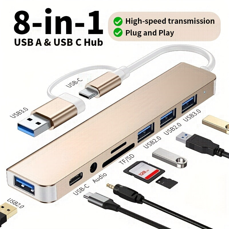 Un adaptador USB 8 en 1 con un conector de audio, diseñado para tabletas, con un adaptador multi puerto, alimentado por USB, que opera a 5V, compatible con tabletas.