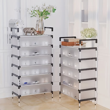 Organizador de zapatos de 6/7 niveles, capacidad para 18-21 pares, estructura de metal resistente con material PP, ahorra espacio para el hogar, dormitorio y pasillo, uso en interiores, ensamblado, almacenamiento multipropósito para zapatos y botas