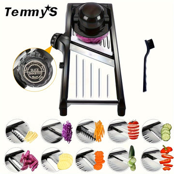 Picadora y Cortador de Verduras Manual TEMMYS con Cuchillas Ajustables de Acero Inoxidable - Rallador Multifuncional para Frutas, Papas, Tomates, Cebollas - Incluye Cepillo de Limpieza, , Esenciales de Cocina
