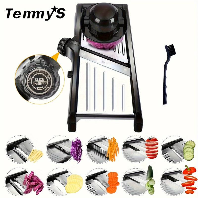 Picadora y Cortador de Verduras Manual TEMMYS con Cuchillas Ajustables de Acero Inoxidable - Rallador Multifuncional para Frutas, Papas, Tomates, Cebollas - Incluye Cepillo de Limpieza, , Esenciales de Cocina