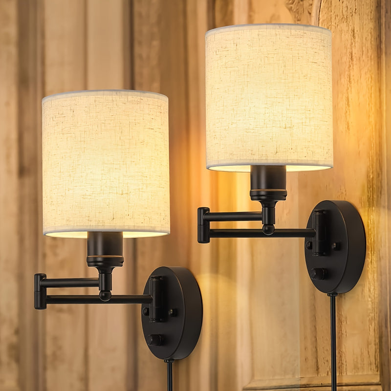Conjunto de 2 apliques de pared con brazo oscilante y pantalla de lino moderna, lámpara de pared desmontable de metal con base E26 para sala de lectura, sala de estar - Enchufe estadounidense, 110V-130V, incluye herrajes de instalación