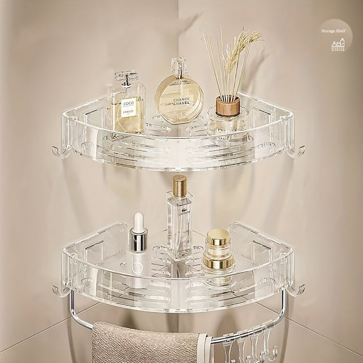 Estante de esquina transparente: Organizador para baño o cocina - Montado en la pared, adecuado para varios tipos de habitaciones, con 5 ganchos para almacenamiento adicional Decoraciones de Halloween y Navidad