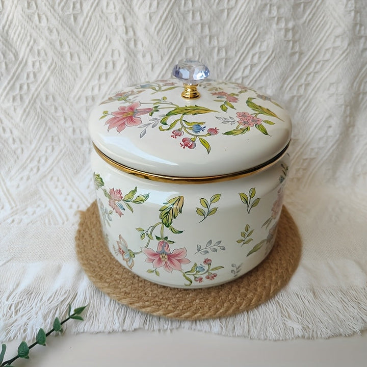 1pc Recipiente de Almacenamiento Metálico con Diseño Floral y Tapa de Vidrio - Organizador Hermético para Cocina Seguro para Alimentos, Especias, Productos Secos - Contenedor Decorativo para Despensa