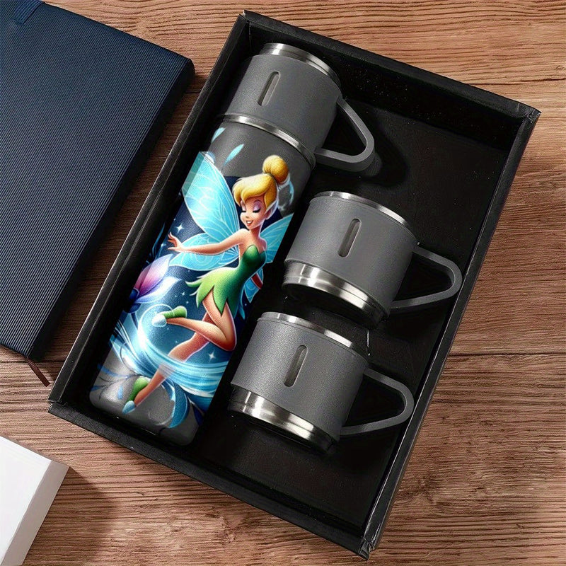 Juego de 1 termo de acero inoxidable Disney Tinker Bell de 17 oz, taza térmica a prueba de fugas con 3 tazas para bebidas frías y calientes, suministros para viajes de negocios y escuela LHB03211