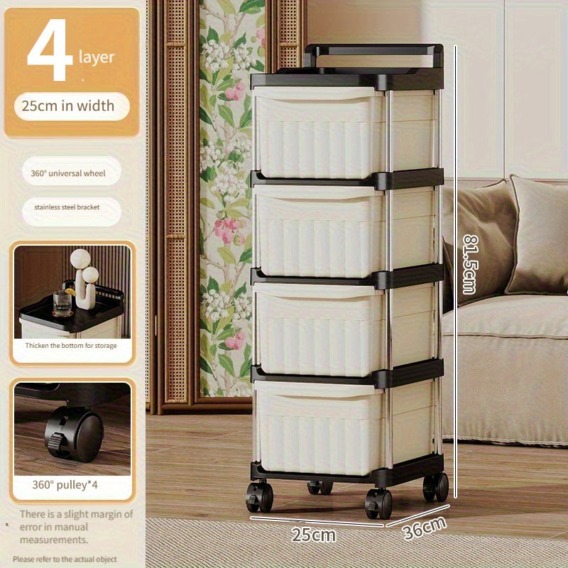 Carrito rodante delgado de 4 niveles con cajones - Organizador móvil de uso múltiple de color crema con ruedas de 360° para cocina, baño, dormitorio | Carrito estrecho de capas múltiples para snacks, maquillaje, hogar, organizador de baño | Unidad de est