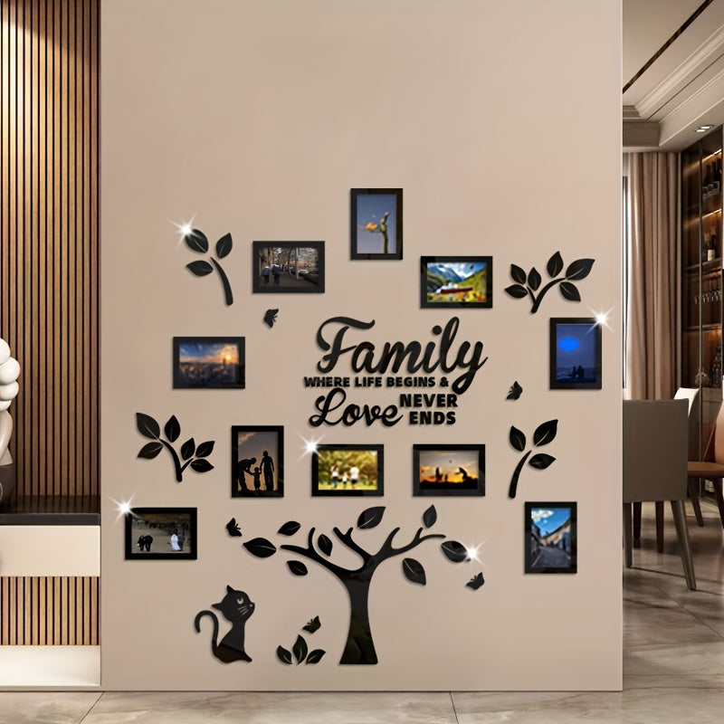 [Foto de Gato Acrílico Plateado] Marco de Fotos de Gato de Acrílico Plateado Dorado Negro DIY Pegatina Collage Árbol de Pared - 47.24×47.24in Conjunto de Decoración de Pared para Sala de Estar