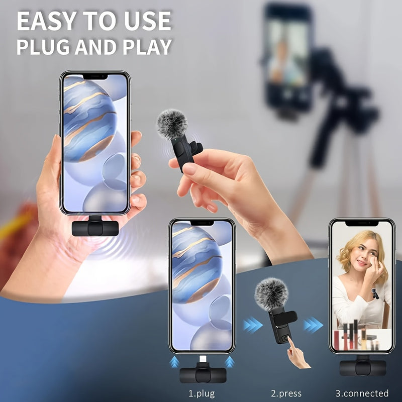 Micrófono Lavalier inalámbrico FengYang con reducción de ruido y controles integrados - Compatible con USB-C para teléfonos inteligentes, laptops, vlogging, clases en línea, podcasts - Micrófono compacto de clip con malla reductora de explosiones (negro)