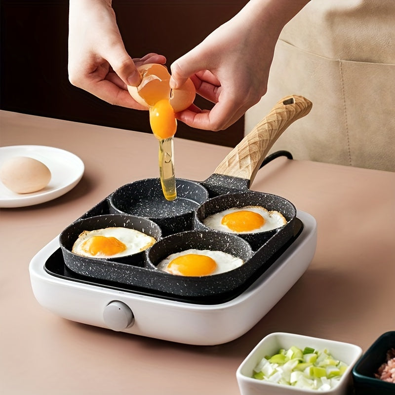 1 pieza Sartén de Huevo Antiadherente con Piedra Mica y Mango de Madera, Aleación de Aluminio para Desayuno, Tortitas y Hamburguesas, Preparación Rápida de Comidas Matinales | Diseño de Cuádruple Quemador | Superficie Antiadherente
