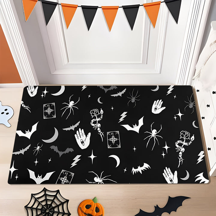 Alfombra de franela lavable con diseño gótico de murciélago y luna. Perfecta para Halloween, Navidad, Acción de Gracias, Pascua y Hanukkah. Disponible en varios tamaños, es ideal para sala de estar, dormitorio, cocina o pasillo. Un regalo de decoración d