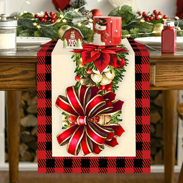 Mantel de mesa floral navideño - Bandera de mesa rectangular tejida de poliéster con diseño de cuadros rojos y negros, decoración de mesa navideña para comedor, café, cocina y decoración de fiestas - 1 pieza