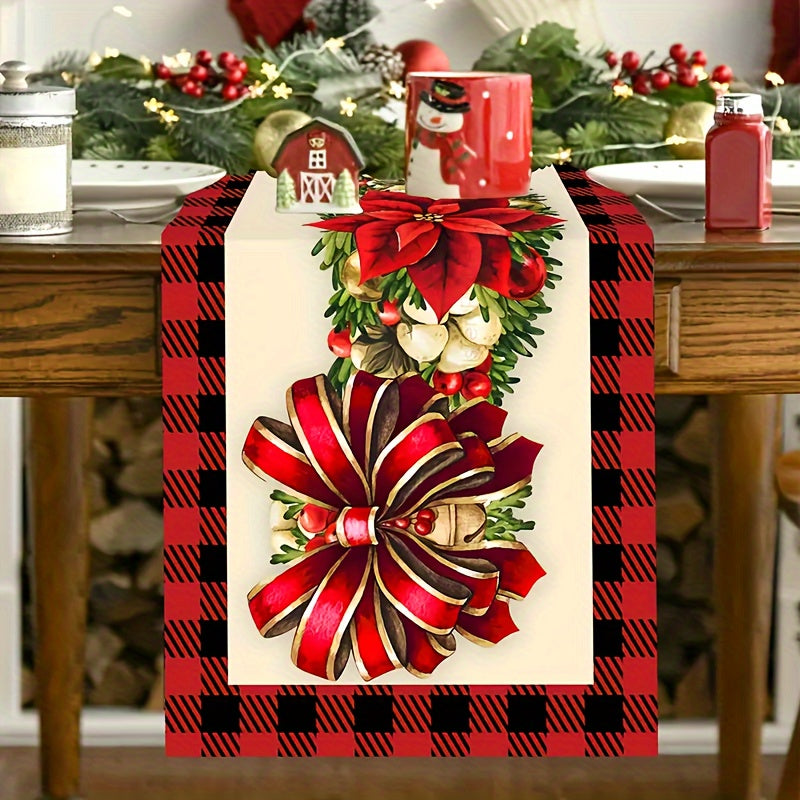 Mantel de mesa floral navideño - Bandera de mesa rectangular tejida de poliéster con diseño de cuadros rojos y negros, decoración de mesa navideña para comedor, café, cocina y decoración de fiestas - 1 pieza